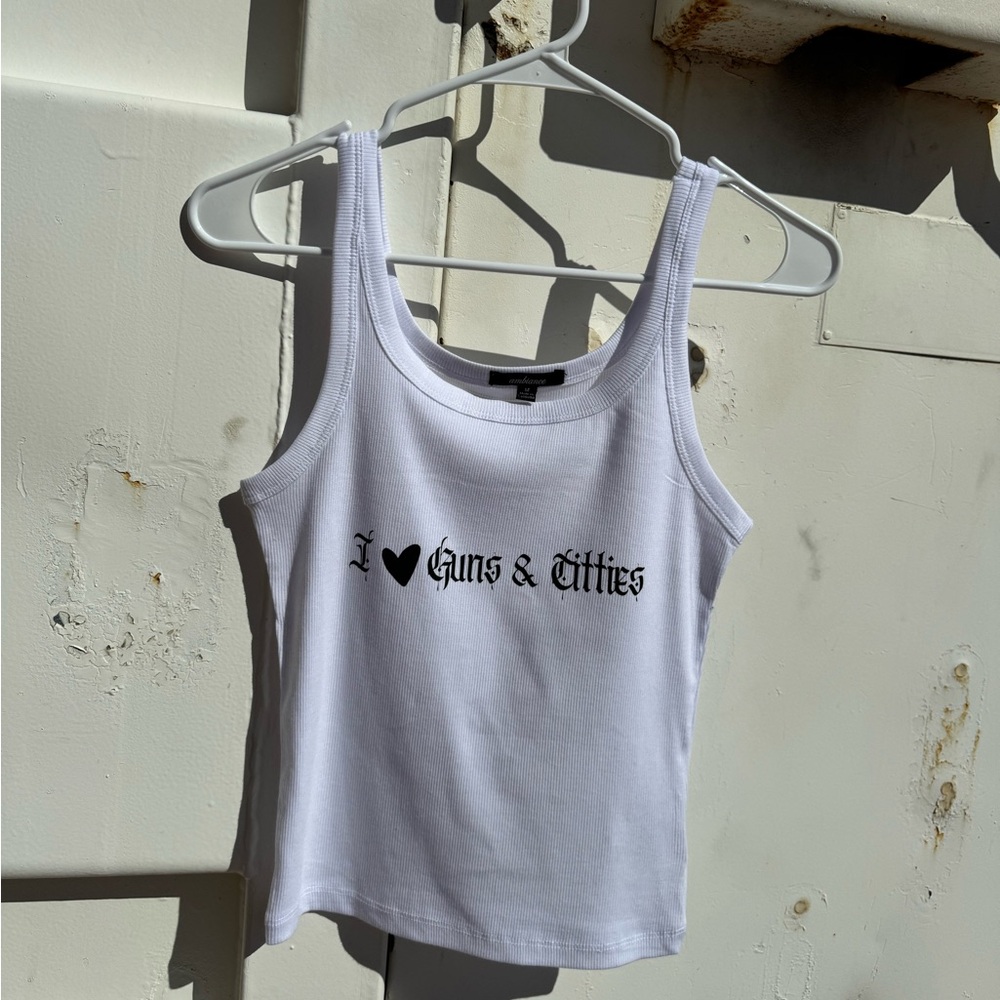 White Tank Top with Black Text